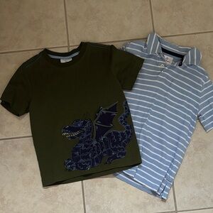 Hanna Andersson Olive Green Dragon Tee and Striped Blue Polo.